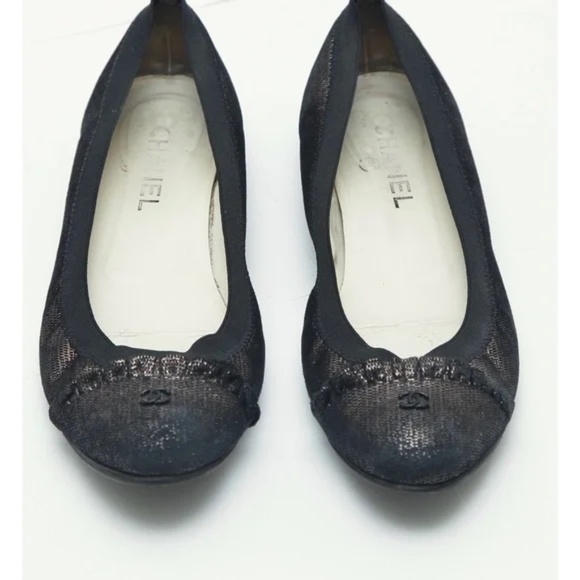 CHANEL Ballet Flats Ruffles Metallic Black Copper CC Logo Stretch Spirit Sz 39.5 - Picture 5 of 10